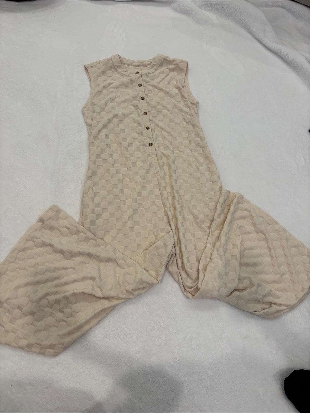 Sleeveless Neutral Check-Pattern Wide Leg Jumpsuit